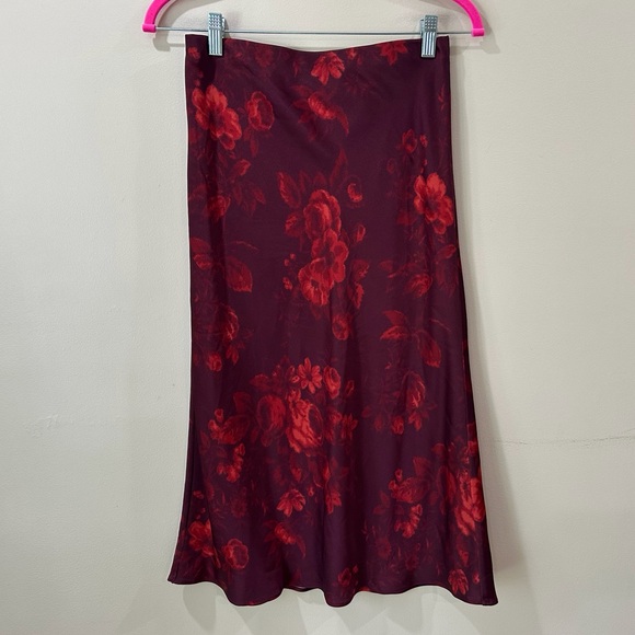 Reformation Ella Satin Midi Skirt Sanguine Red Burgundy Floral High Rise Women 4 - Picture 2 of 5